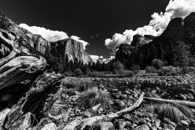 El Capitan 'ın dünyaca ünlü kaya tırmanışı duvarı, Yosemite Ulusal Parkı, Kaliforniya, ABD