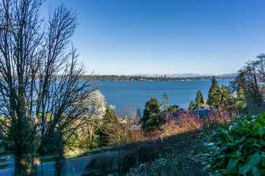 Seattle 'da Washington Gölü' nün manzarası. Bellevue uzakta..