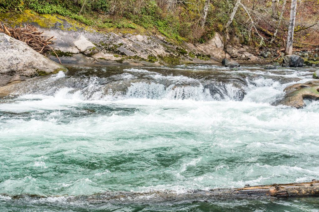 Water flows over rocks to create whitewater in the Green River in Washington State.