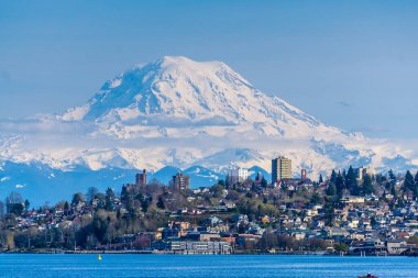 Ruston, Washington 'dan Tacoma Limanı ve Rainier Dağı manzarası.