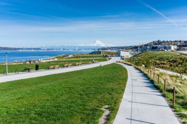 Uzakta Rainier Dağı ile Dune Penninsula Parkı panoramik bir görünüm.