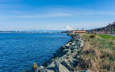 Tacoma yakınlarındaki Ruston Sahili 'nden Rainier Dağı manzarası.