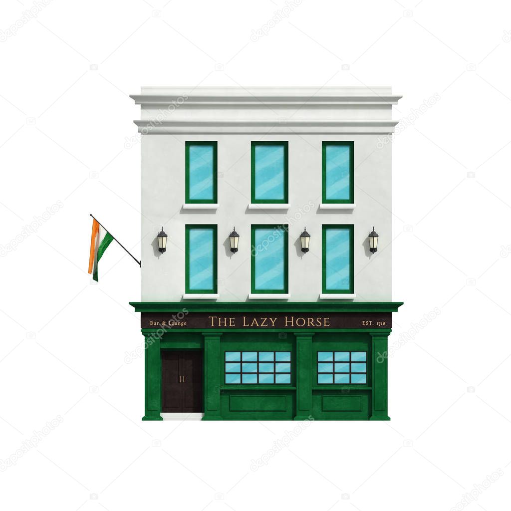 Irish pub building isolated on white background. Front view. 3d illustration