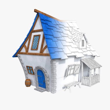 Stilize Ortaçağ evi. 3D çizim 