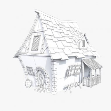 Stilize Ortaçağ evi. Siyah ve beyaz 3d çizim.