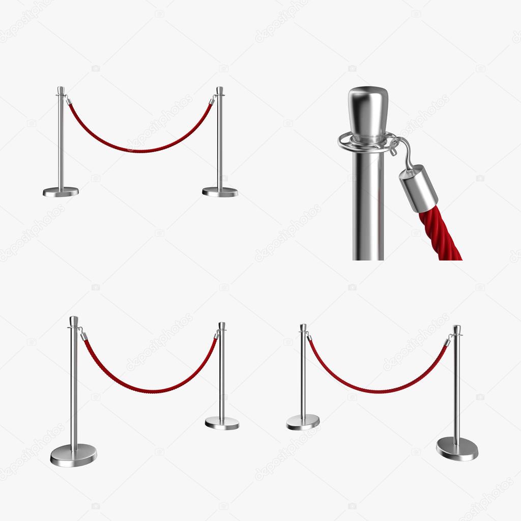 Barrier Posts & Red Velvet Rope Set. 3d illustration.