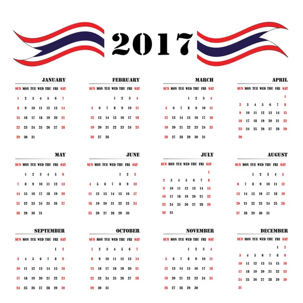 Calendario del año 2017 estilo blanco y negro con Tailandia fl — Archivo Imágenes Vectoriales