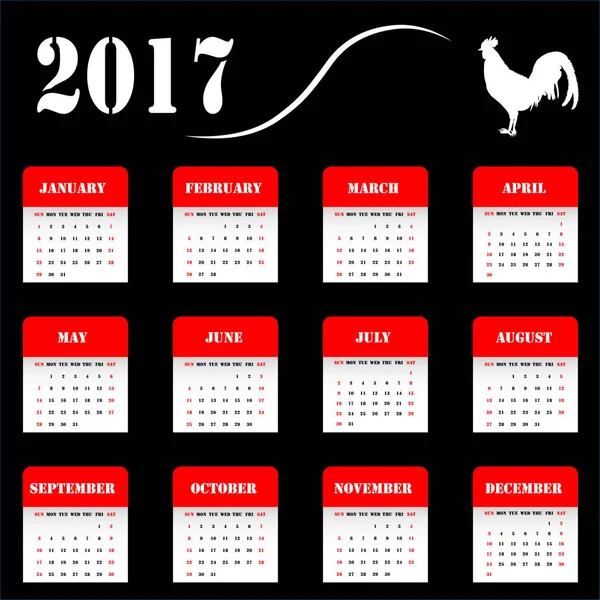 Calendario del año 2017 estilo blanco y negro sobre fondo negro — Archivo Imágenes Vectoriales