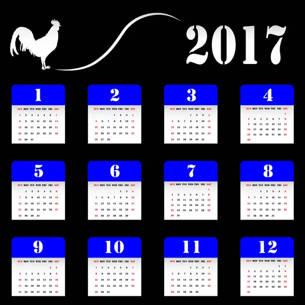 Calendario del año 2017. Año del Gallo en fondo gris — Archivo Imágenes Vectoriales