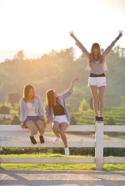 Grupp unga flickor hängande ute i parken tillsammans — Stockfoto