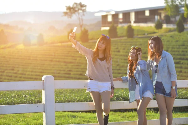 Estilo de vida ensolarado imagem de melhor amigo meninas tomando selfie em veio — Fotografia de Stock