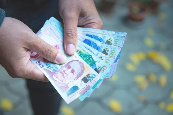 Gürcistan 'ın parasını tutan eller. Gürcistan parasının bir demeti.