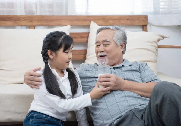Happy Asian Senior Elderly Grandfather Have Grandchild Look Take Care — Stock Photo, Image