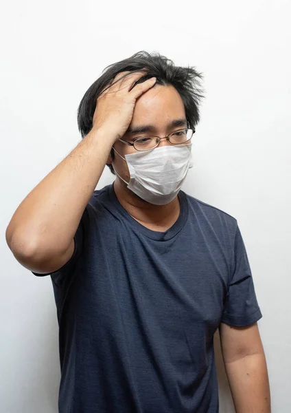 Male Asian Patient Wearing Surgical Mask Feeling Sick Headache Coughing — Stock Photo, Image