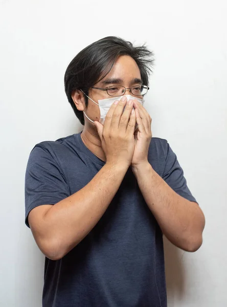 Male Asian Patient Wearing Surgical Mask Feeling Sick Headache Coughing — Stock Photo, Image