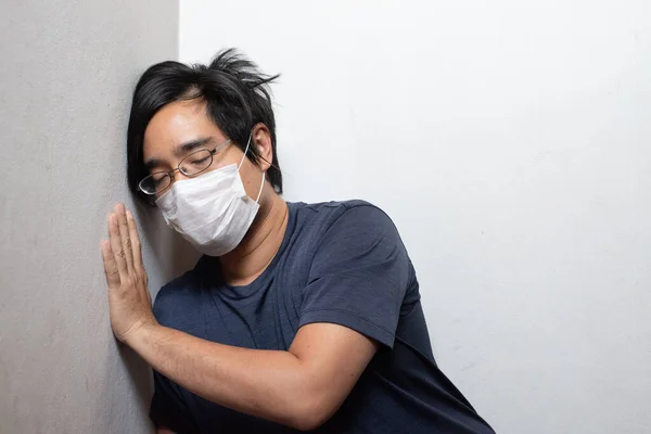 Male Asian Young Man Wearing Surgical Mask Feeling Sick Headache — Stock Photo, Image