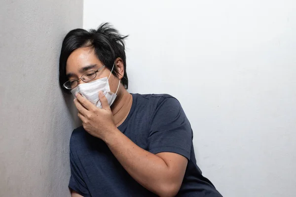 Male Asian Young Man Wearing Surgical Mask Feeling Sick Headache — Stock Photo, Image