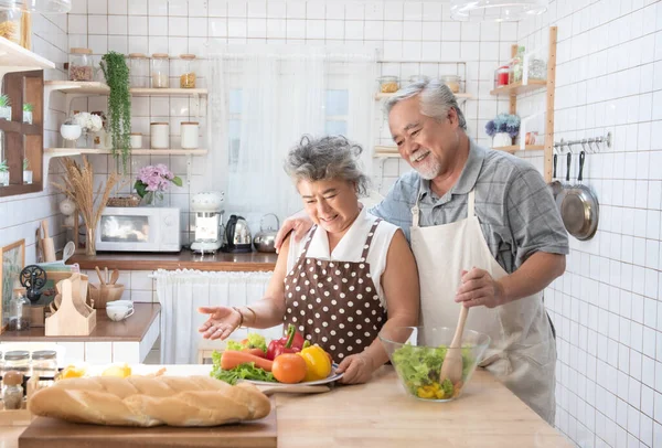 Feliz Asiático Mais Velho Sênior Casal Cozinhar Fresco Refeição Cozinha — Fotografia de Stock