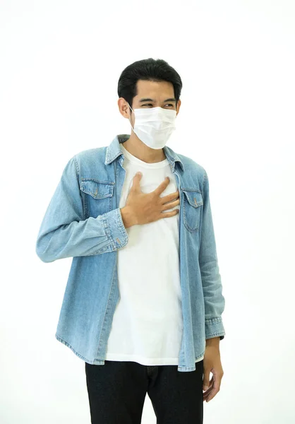 Homme Asiatique Ressent Douleur Sur Les Poumons Porte Masque Protecteur — Photo