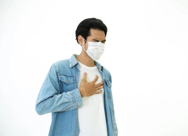 Azjata Odczuwa Ból Płucach Nosi Maskę Ochronną Chroniącą Przed Zanieczyszczeniem — Zdjęcie stockowe