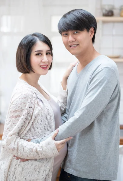 Closed Asian Man Pregnancy Woman Stand Hug Kitchen Home Love — Stock Photo, Image