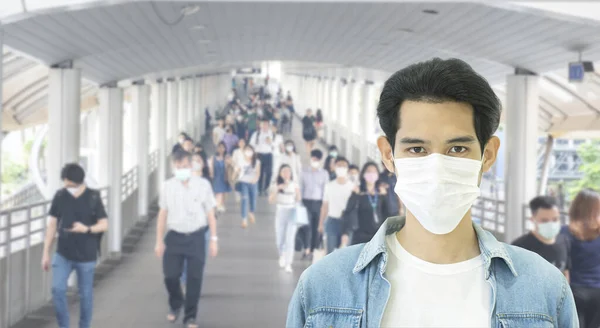 Double Exposure Image Asian Worker Business Man Wearing Surgical Mask — Stock Photo, Image