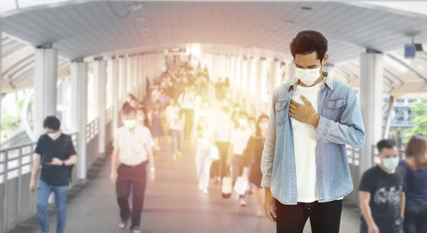 Asian Young Man Wearing Protective Surgical Face Mask Cough Hurt — Stock Photo, Image