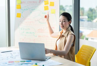 Asyalı güzel girişimci internette bilgisayar ve çizelge tahtası ile ofis veya çalışma masasında çalışıyor, evde çalışıyor ve sosyal uzaklık koronavirüsü veya covid-19 sağlık konseptini koruyor