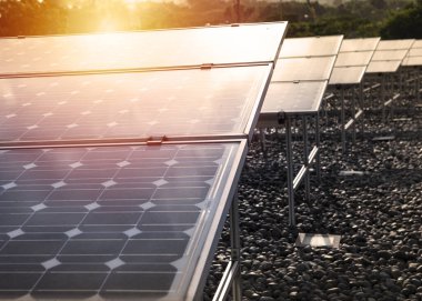 Güneş panellerindeki fotovoltaikler üzerinde güneş enerjisi gibi yenilenebilir kaynaklarla temiz enerji üreterek tarım ekolojisi koruma alanında güzel bir günbatımı. Alternatif enerji kavramı.
