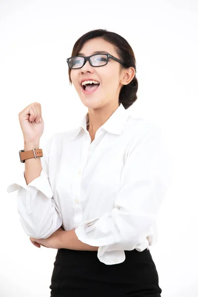 Портрет Счастливой Очаровательной Азиатской Молодой Женщины Белой Рубашке Смотрит Сторону Лицензионные Стоковые Фото
