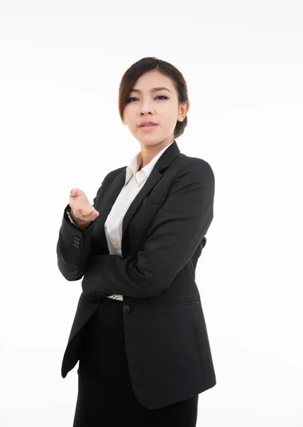 Mosolygó Fiatal Ázsiai Üzletasszony Kézjel Gesztus Üdvözlő Javasoljuk Munkát Gyönyörű — Stock Fotó