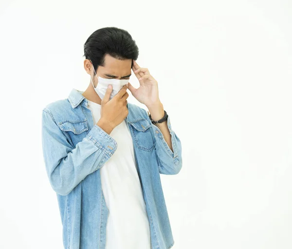 Protection Contagious Disease Coronavirus Asian Man Wear Mask Couch Prevent — Stock Photo, Image