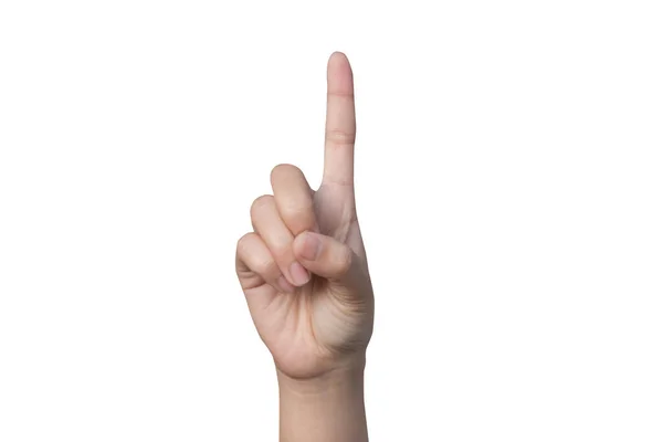 Mano de mujer mostrando un dedo - fondo blanco . — Foto de Stock