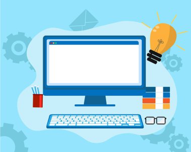 Cyan arkaplan ve banka monitörü üzerinde düz vektör illüstrasyon bilgisayarı yaratıcı. 