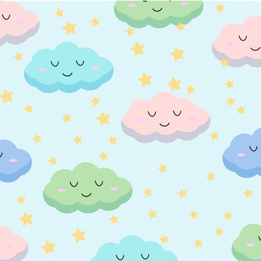 Seamless pattern cute and smile face cloud flying on sky vector design.