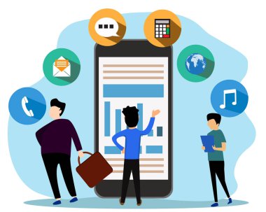 Sosyal ağ ve takım çalışması konsept vektör tasarımcısı sosyal mobil ve büyük simgeye bağlanıyor.