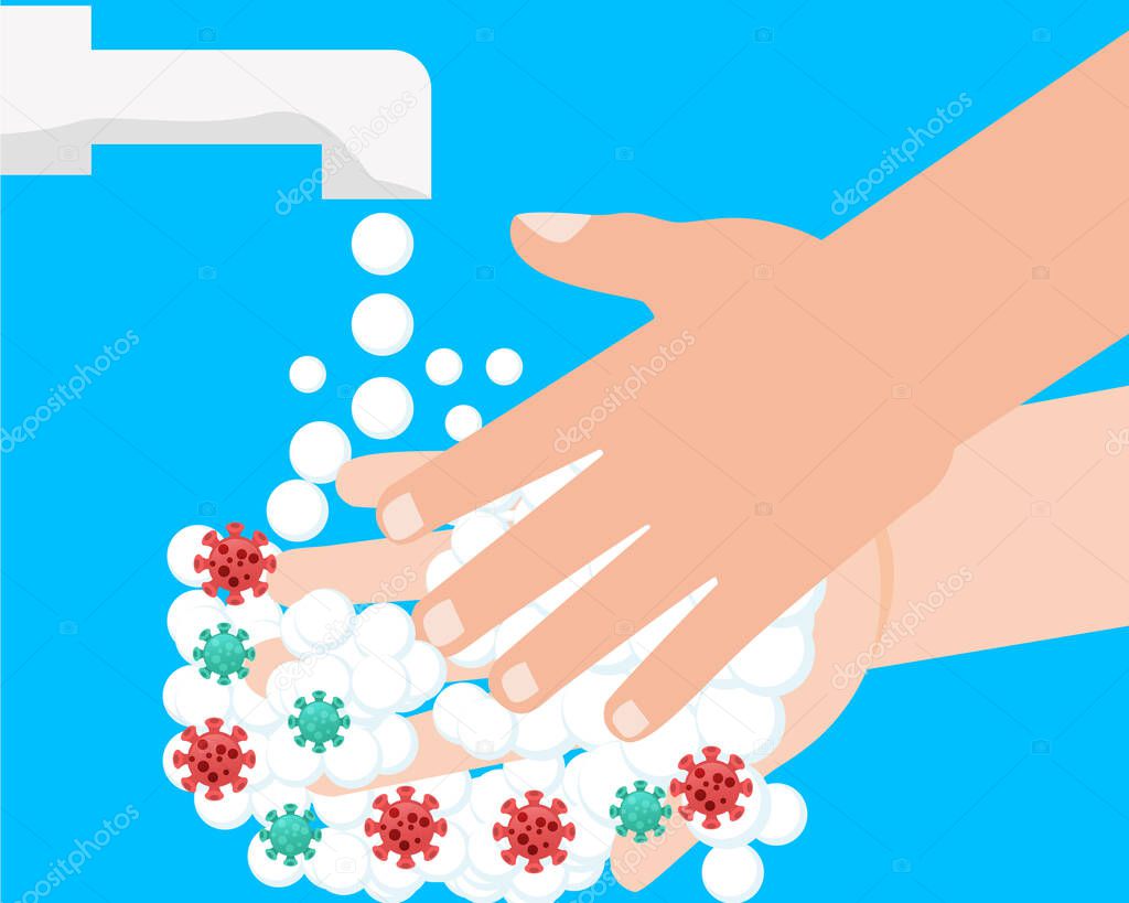 Washing hands with soap to prevent virus and bacteria vector Illustration.