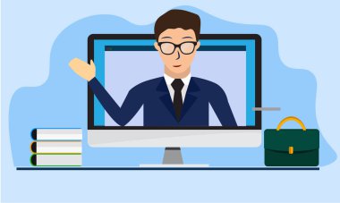 E-öğrenme afişi. Çevrimiçi eğitim, evde eğitim. Modern işyeri,