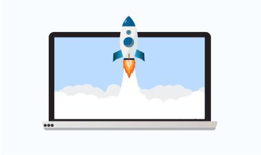 Düz dizüstü bilgisayardan roket fırlatma, başlangıç iş konsepti vektör çizimi. 