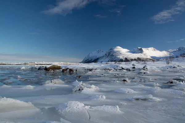 Fiorde congelado perto de Leknes, Lofoten, Noruega — Fotografia de Stock