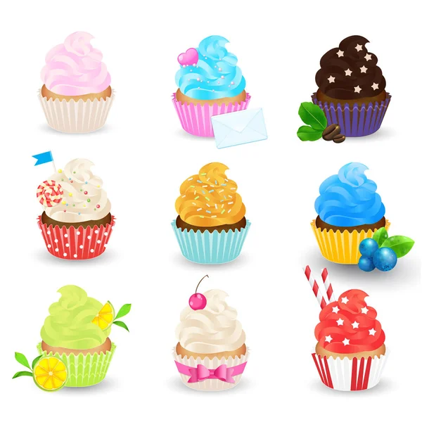 Ensemble vecteur de cupcakes isolé sur fond blanc. Pâtisseries sucrées — Image vectorielle