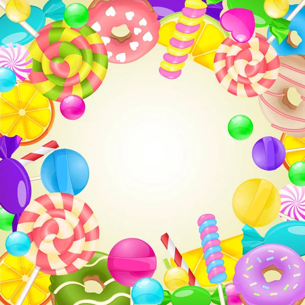 Sweet round frame. Different candies and sweets colorful backgro — Stock Vector