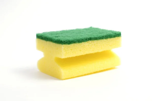 Foto Una Esponja Plato Que Consiste Espuma Amarilla Abrasivo Verde —  Fotos de Stock