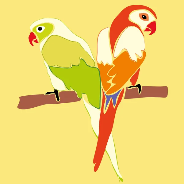 Pair of tropical birds - coloured parrots — Stock Vector