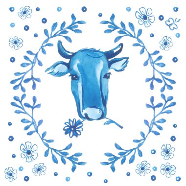 İnekler baş beyaz zemin üzerine çiçek süsleme çevrili