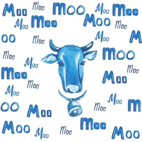 Cabeça de vaca cercada por letras azuis sobre um fundo branco — Fotografia de Stock