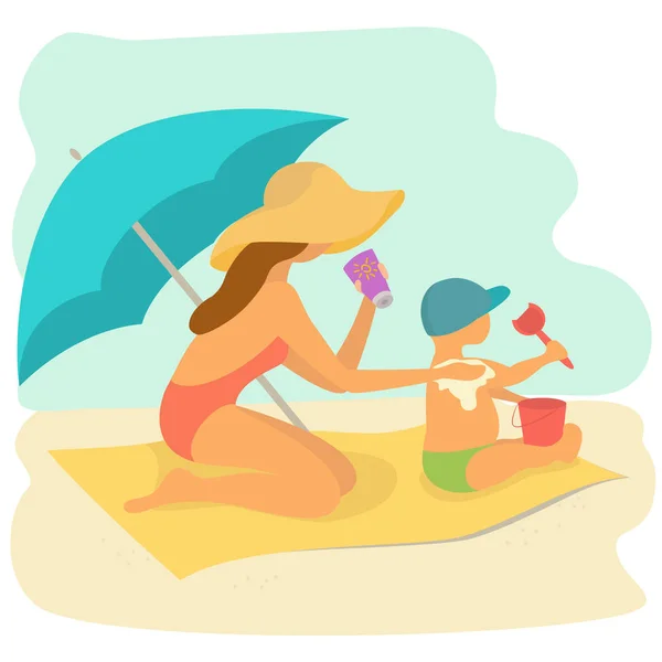 Máma tře opalovací krém záda dítěte na pláži — Stockový vektor