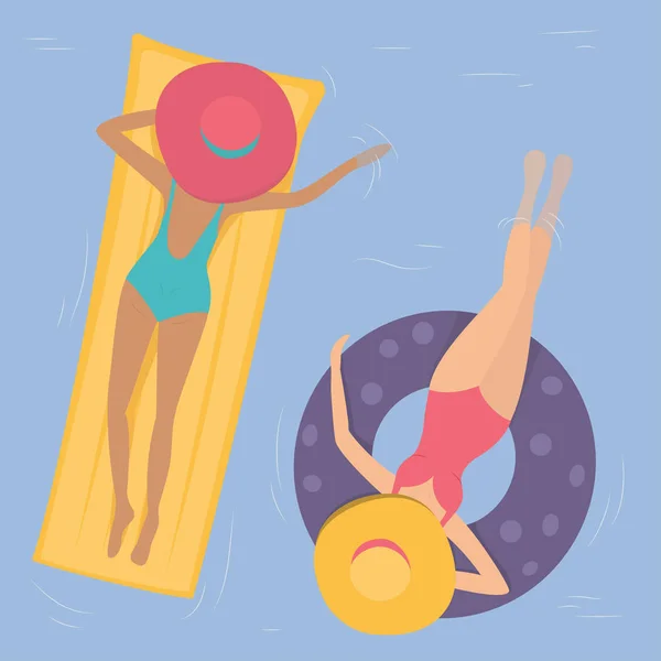 Les femmes en chapeaux nagent dans la piscine . — Image vectorielle