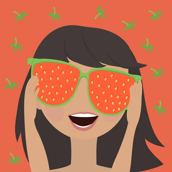Klein meisje in gespiegelde zonnebrillen met een weerspiegeling van de aardbeien. — Stockvector