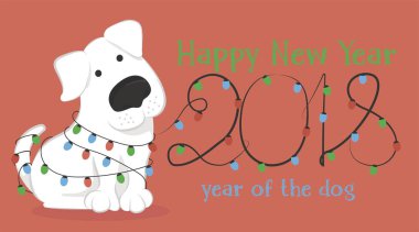 Noel kartı karikatür beyaz köpek ve Noel ışıkları.